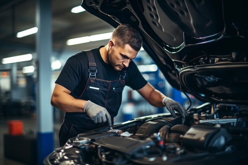 Mechanic working on vehicle engine in auto repair shop, emphasizing routine maintenance and diagnostics services offered by Route 40 Auto.