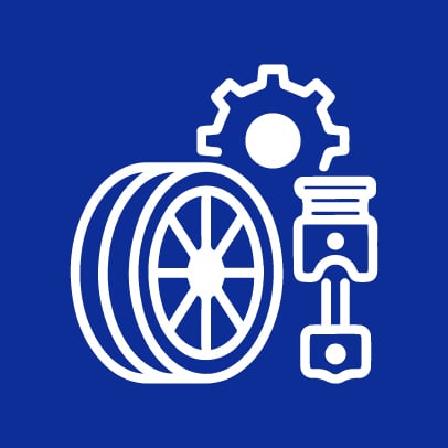 Icon representing tire and wheel services, featuring a tire, gear, and piston, symbolizing automotive repair and maintenance.