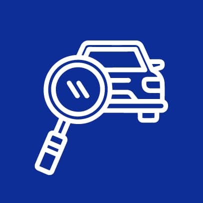 Auto diagnostics icon featuring a magnifying glass over a car, representing comprehensive vehicle inspections and check engine light diagnosis at Route 40 Auto.