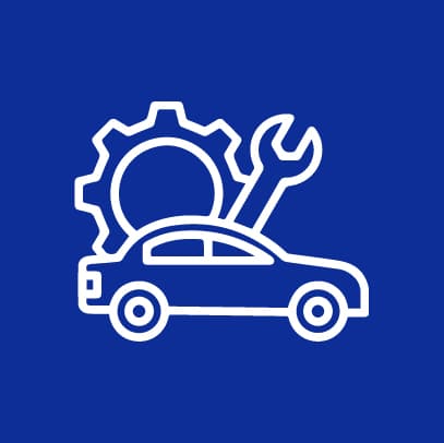 Automotive service icon featuring a car, gear, and wrench, representing Route 40 Auto's comprehensive repair and maintenance services.