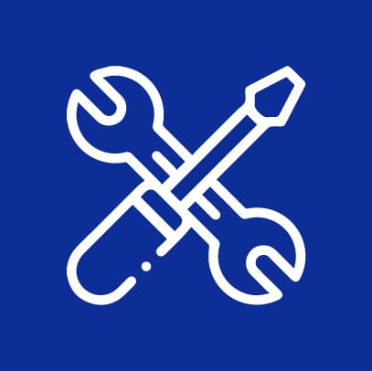 Automotive repair tools icon featuring crossed wrench and screwdriver on a blue background, symbolizing services like diagnostics, maintenance, and repairs at Route 40 Auto.