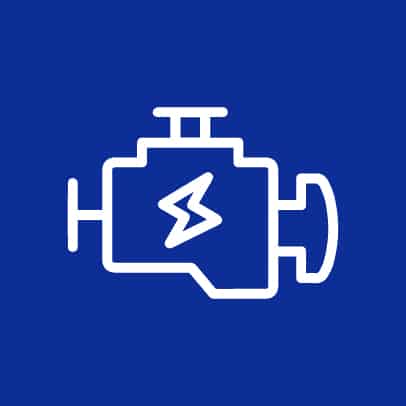 Check engine light icon on a blue background, symbolizing vehicle diagnostics and auto repair services at Route 40 Auto.