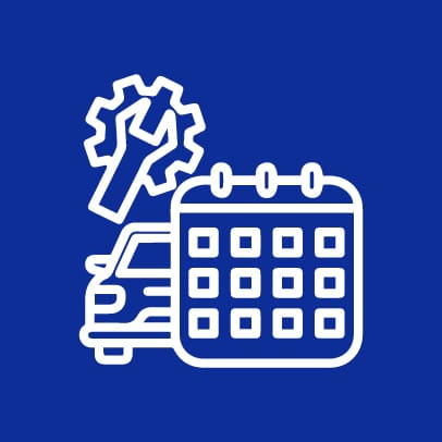 Icon of a car with a wrench and calendar symbolizing routine automotive maintenance and service scheduling.