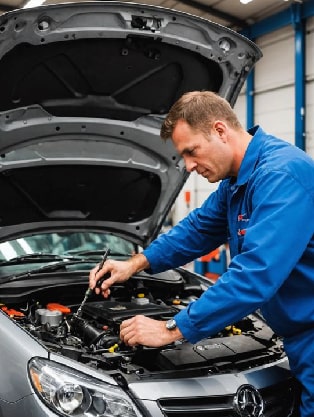 Mechanic performing routine automotive maintenance on a car engine, emphasizing the importance of vehicle reliability and safety services at Route 40 Auto.