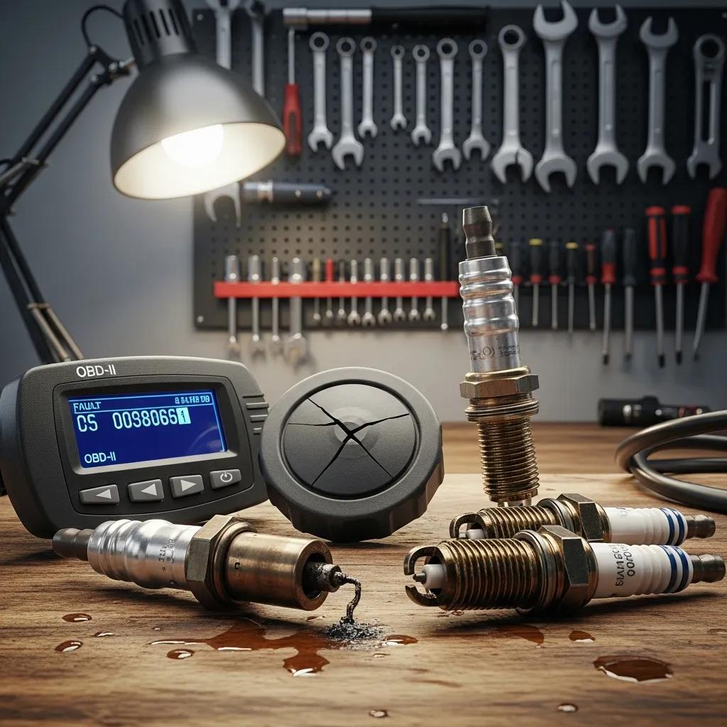OBD-II scanner, oxygen sensor, gas cap, and spark plugs on a workbench, illustrating vehicle diagnostic tools related to check engine light issues.