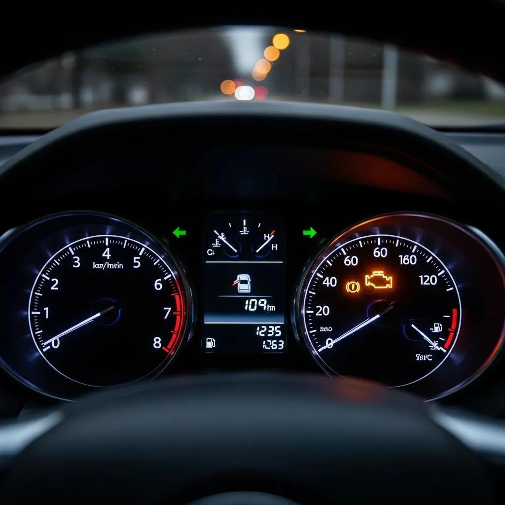 Car dashboard displaying glowing check engine light, speedometer, and fuel gauge, indicating potential vehicle issues and the importance of diagnostics.