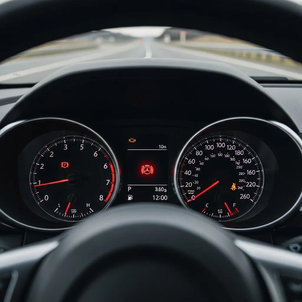 Car dashboard displaying illuminated brake warning light, indicating potential brake issues and emphasizing vehicle safety.