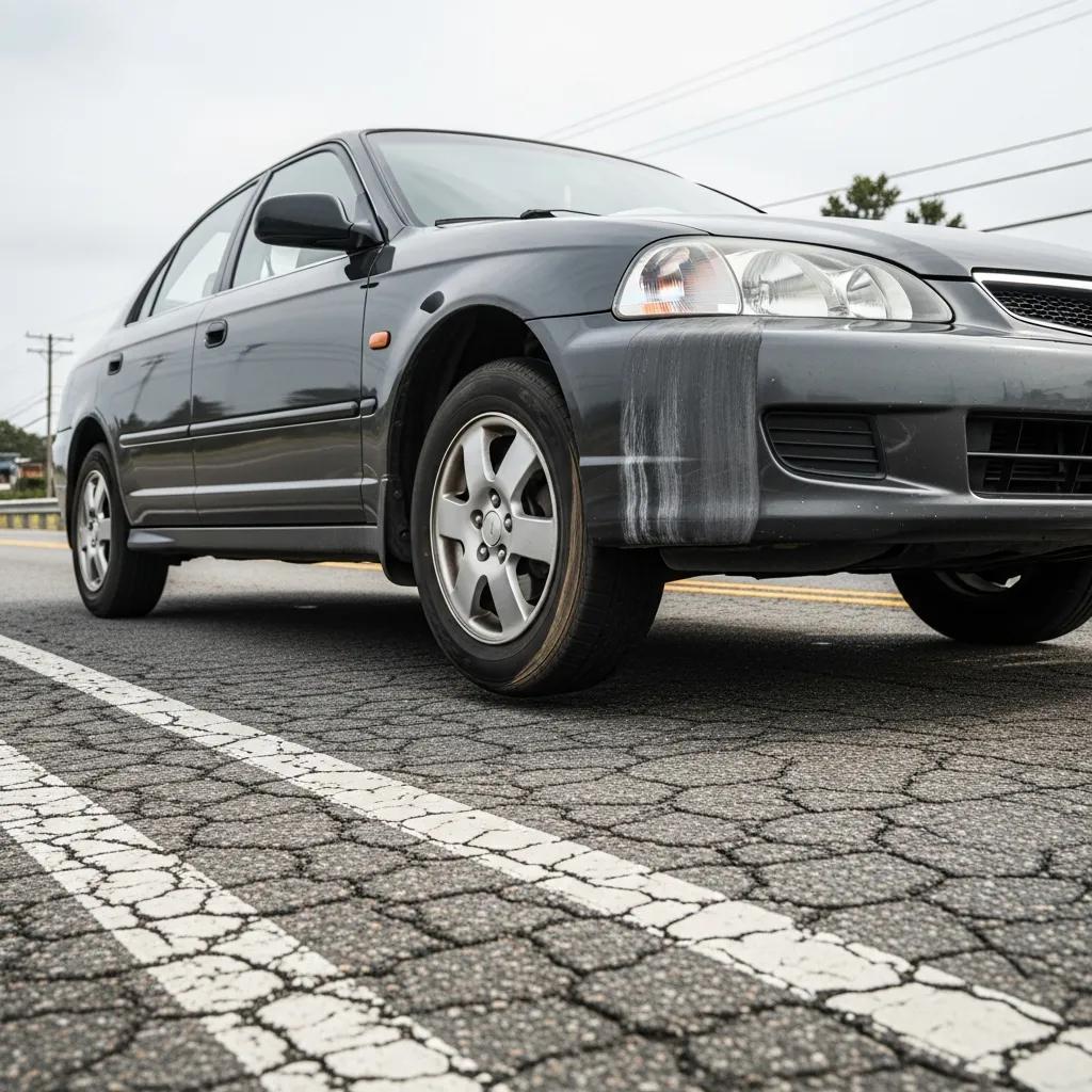 Car displaying warning signs of suspension issues, including excessive bounce and uneven tire wear, parked on a cracked road.