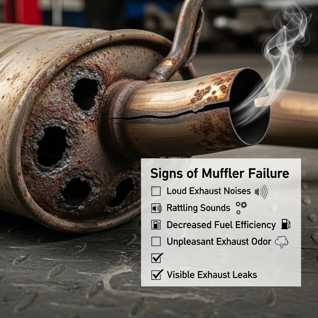 Close-up of a damaged muffler with rust and holes, illustrating visible exhaust leaks and signs of muffler failure, alongside a checklist of symptoms including loud exhaust noises and decreased fuel efficiency.