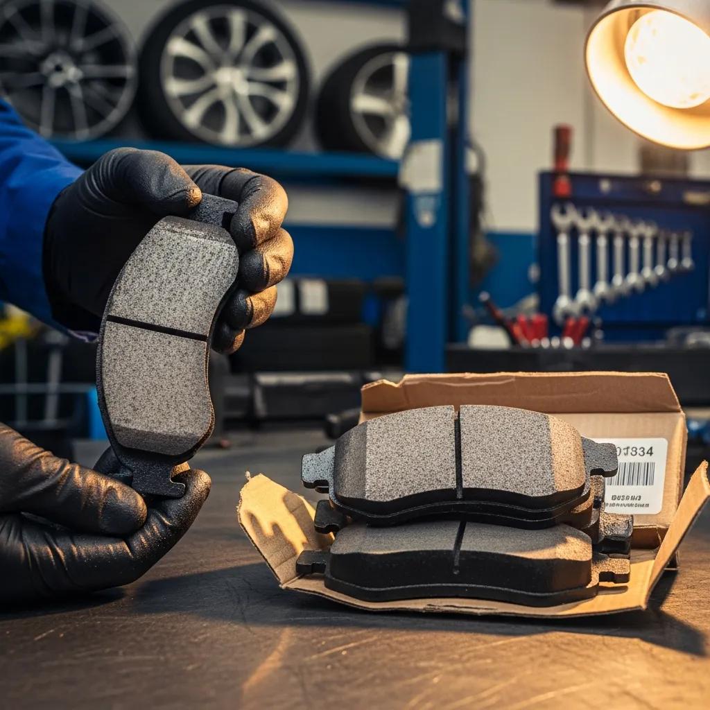 Close-up of a mechanic holding a new brake pad, with worn brake pads displayed in a box on a workbench, illustrating brake maintenance and inspection.