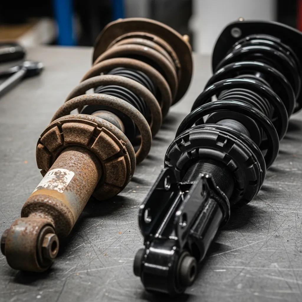 Comparison of worn-out and new suspension struts, highlighting the importance of replacement for vehicle safety and performance in automotive maintenance.