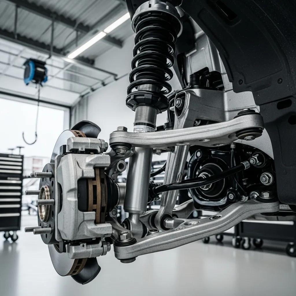 Detailed view of a car suspension system highlighting key components like shock absorber, brake caliper, and control arm, emphasizing vehicle safety and maintenance considerations.
