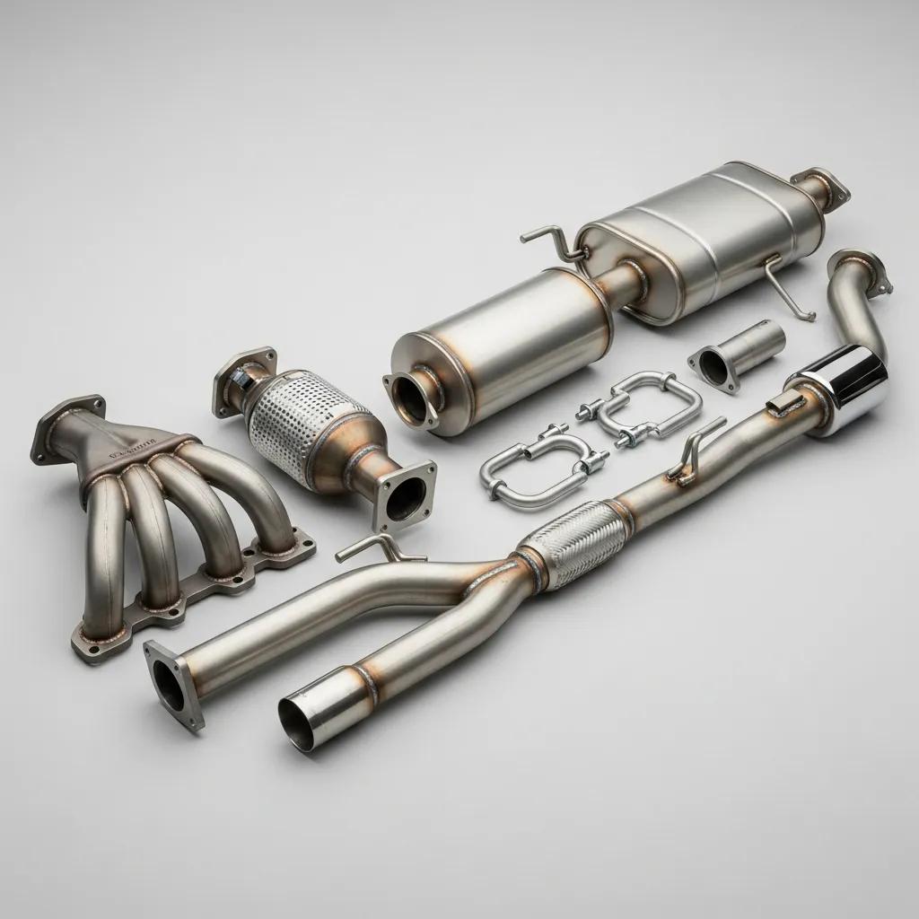 Detailed view of exhaust system components including exhaust manifold, catalytic converter, resonator, muffler, and connecting pipes, relevant to diagnosing vehicle exhaust issues.