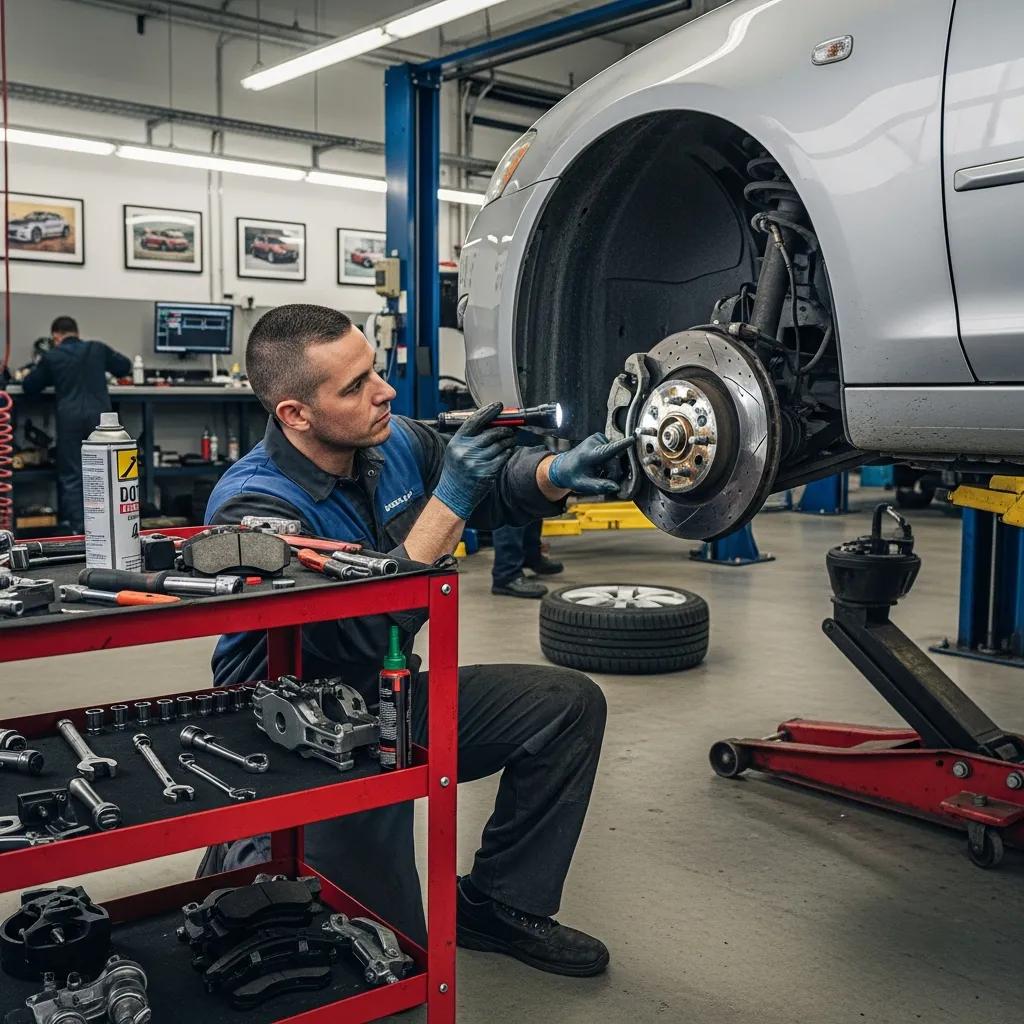 Mechanic inspecting brake components in an auto repair shop, emphasizing brake maintenance and safety.