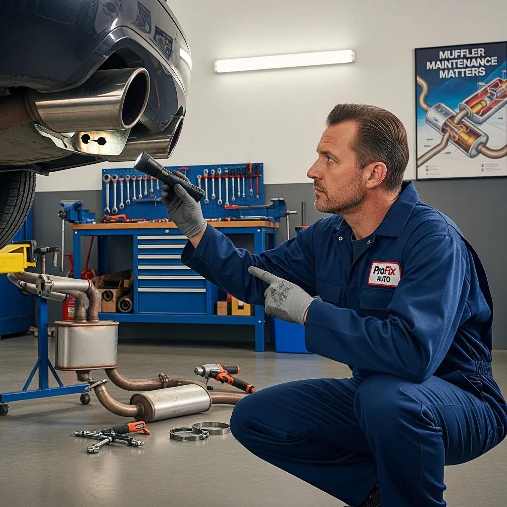 Mechanic inspecting vehicle's muffler in garage, highlighting muffler maintenance importance for vehicle performance.