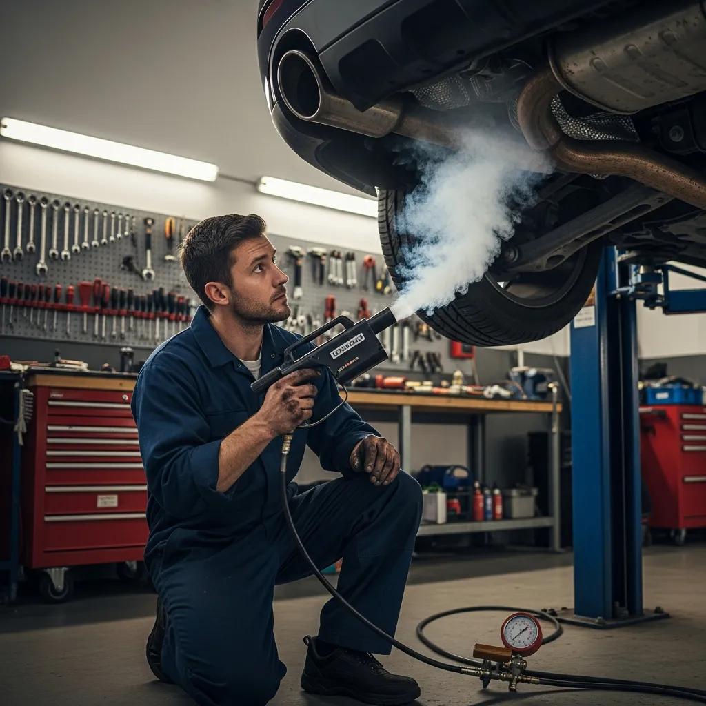 Mechanic inspecting vehicle exhaust system for leaks using diagnostic tools in an automotive repair shop.