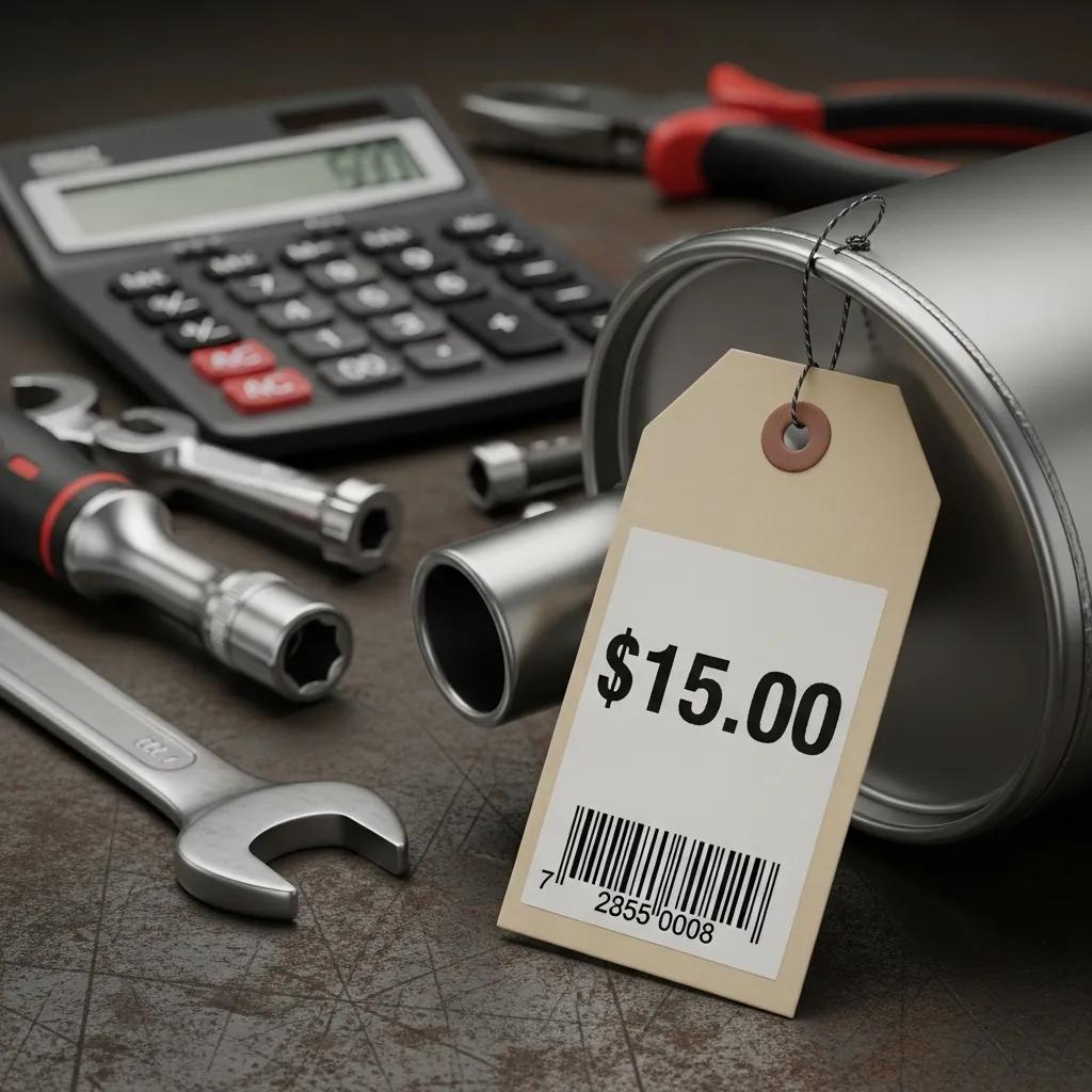 Muffler with a price tag of .00, surrounded by automotive tools and a calculator, representing muffler replacement costs and maintenance.