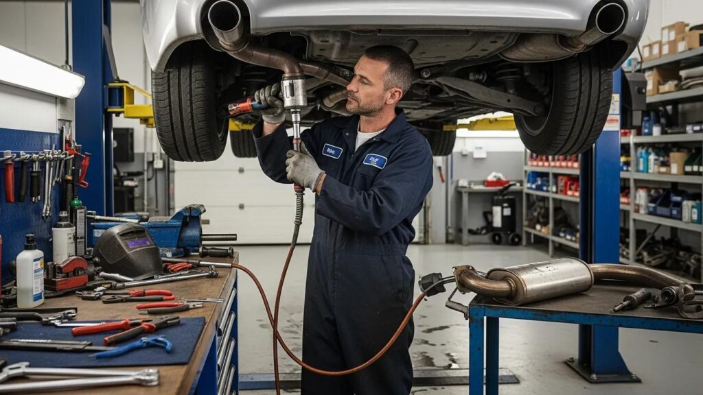 Mechanic repairing a vehicle's muffler and exhaust system in a professional garage, surrounded by tools and equipment, emphasizing auto repair services.