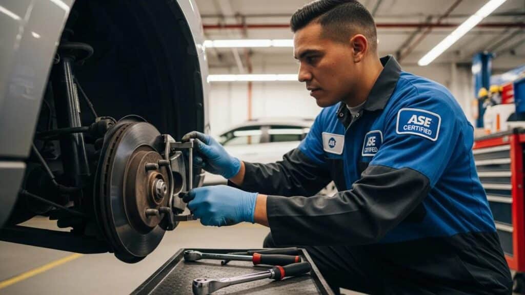 ASE certified mechanic inspecting vehicle brake system, demonstrating expertise in automotive repair and commitment to safety at Route 40 Auto.