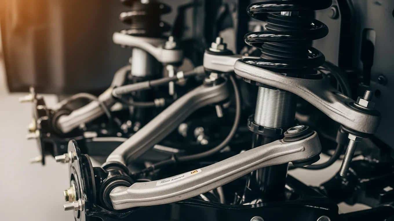 Vehicle suspension components: shocks, struts, and control arms for vehicle safety and performance.