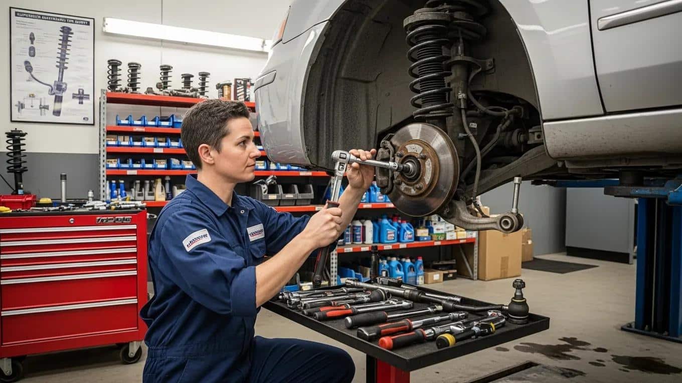 Mechanic inspecting vehicle suspension components, emphasizing regular maintenance for safety and handling.