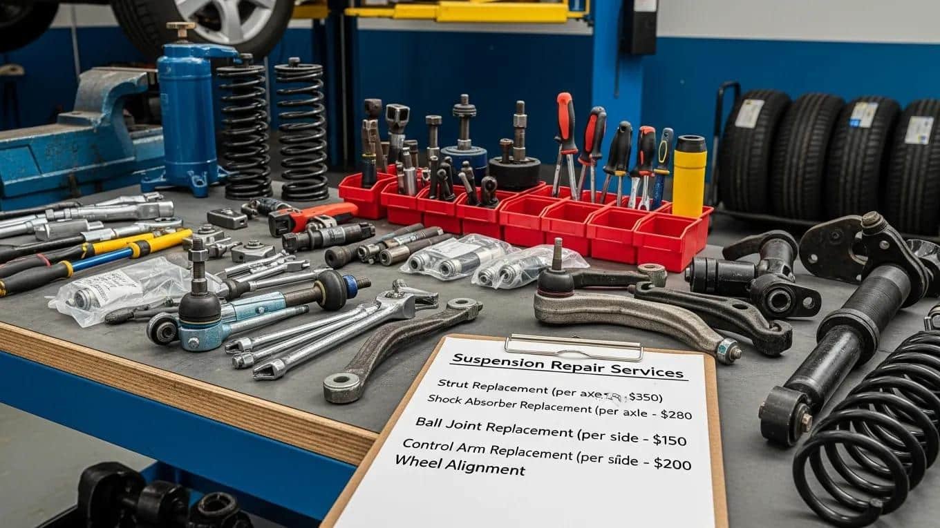 Mechanics workspace with suspension repair tools and a price list for shock, strut, and control arm replacements.