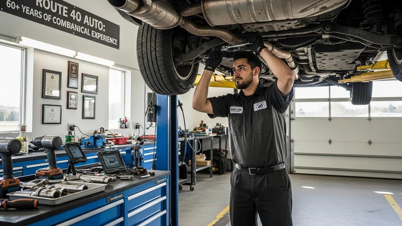Technician at Route 40 Auto inspecting a vehicle's exhaust system, showcasing expertise and commitment to quality service