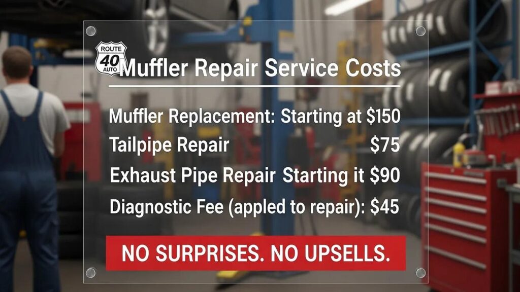 Muffler repair service costs board at Route 40 Auto displaying clear pricing for muffler replacement, tailpipe repair, exhaust pipe repair, and diagnostic fees, emphasizing transparency with "No Surprises. No Upsells."