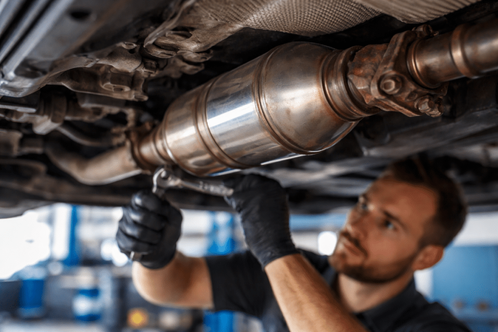Car mechanic inspecting a catalytic converter in a shop, emphasizing vehicle safety and maintenance Catalytic converter repair and replacement under vehicle, exhaust system diagnostics by Route 40 Auto