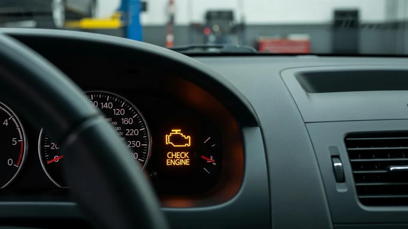 Illuminated check engine light on car dashboard in auto repair shop.