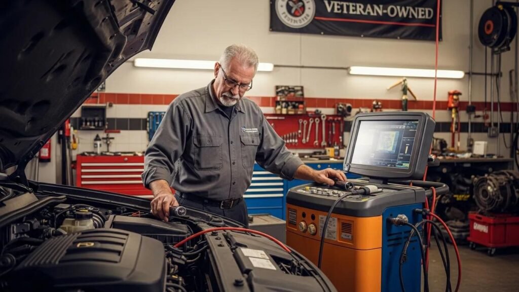 Experienced mechanic using diagnostic equipment in veteran-owned Route 40 Auto repair shop.