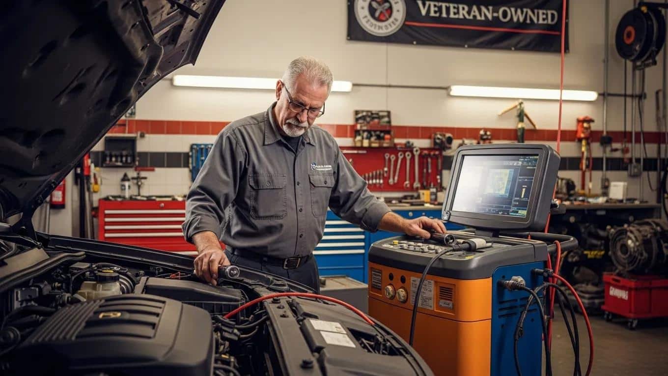 Experienced mechanic diagnosing engine with advanced equipment in Route 40 Auto repair shop.