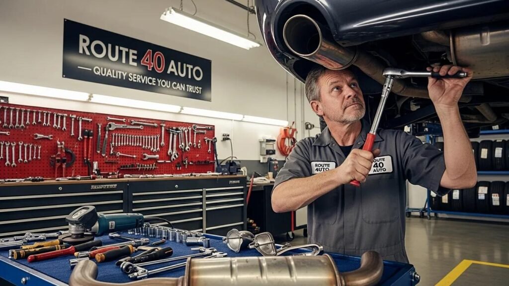 Experienced Route 40 Auto technician replacing muffler and exhaust repair in Bridgeport, OH.