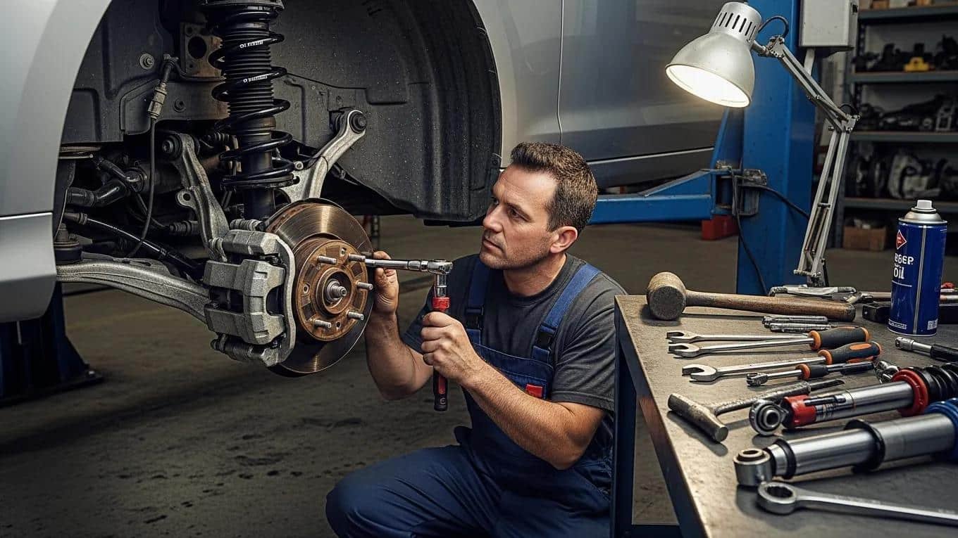 Mechanic inspecting and repairing shock absorbers and struts during suspension system service at Route 40 Auto.