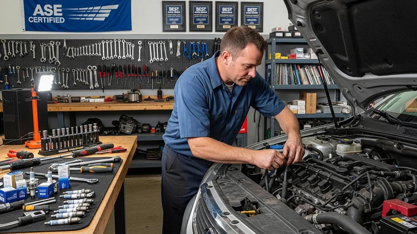 Mechanic performing engine tune-up with tools and components in an organized Route 40 Auto repair shop.