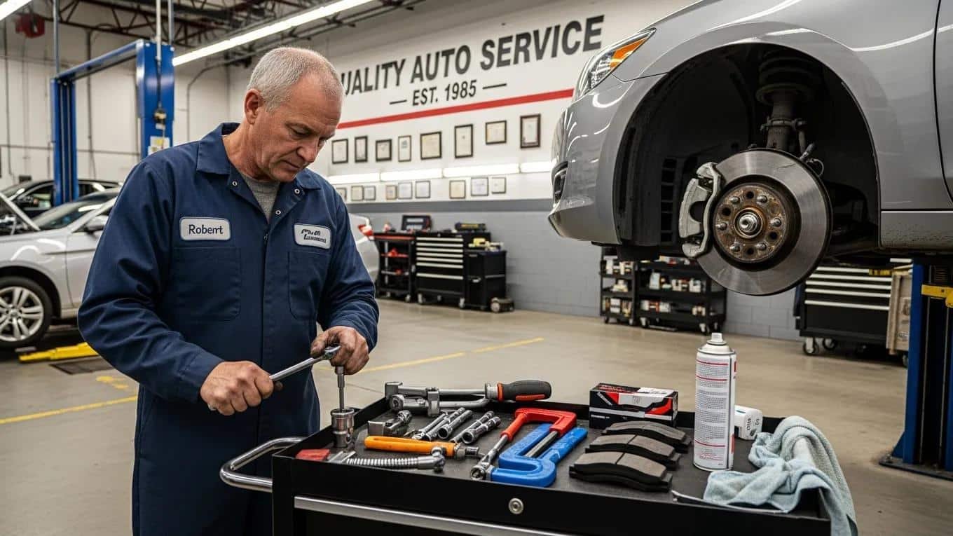 Route 40 Auto mechanic repairing brake pads in a Bridgeport, OH auto repair shop.