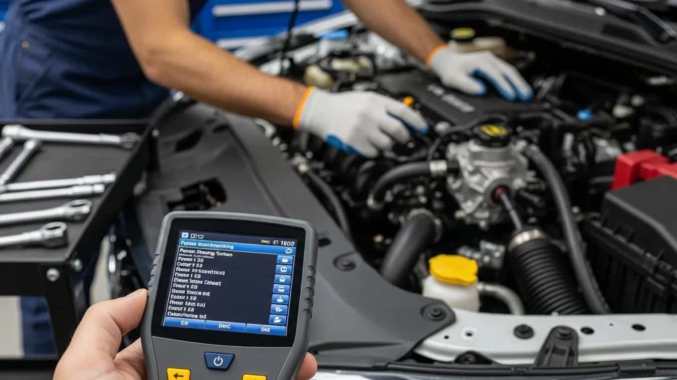 Mechanic diagnosing steering system issues with diagnostic tools at Route 40 Auto, Bridgeport OH and Wheeling WV.