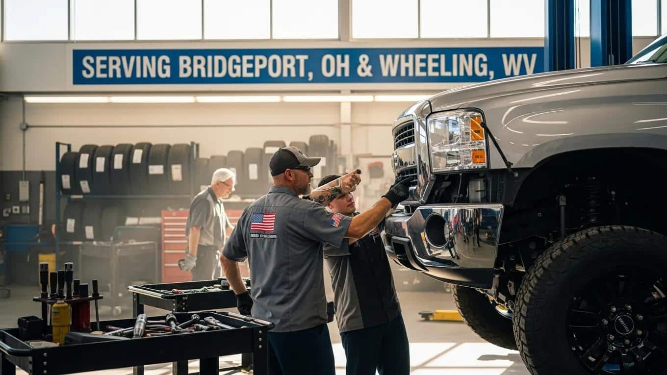 Route 40 Auto mechanics repairing vehicle suspension in Bridgeport, OH and Wheeling, WV.