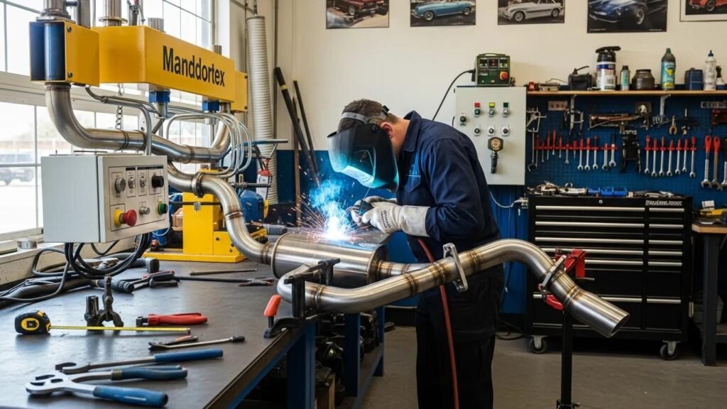 Technician performing custom exhaust fabrication in Route 40 Auto repair shop, showcasing quality craftsmanship.