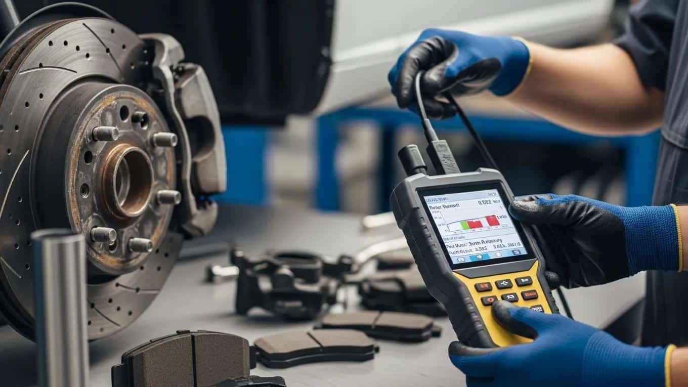 Technician using brake diagnostic tools to assess vehicle brakes and rotors at Route 40 Auto.