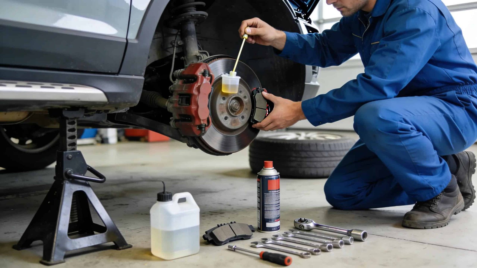 Route 40 Auto technician servicing vehicle brakes, adding brake fluid to rotor system.