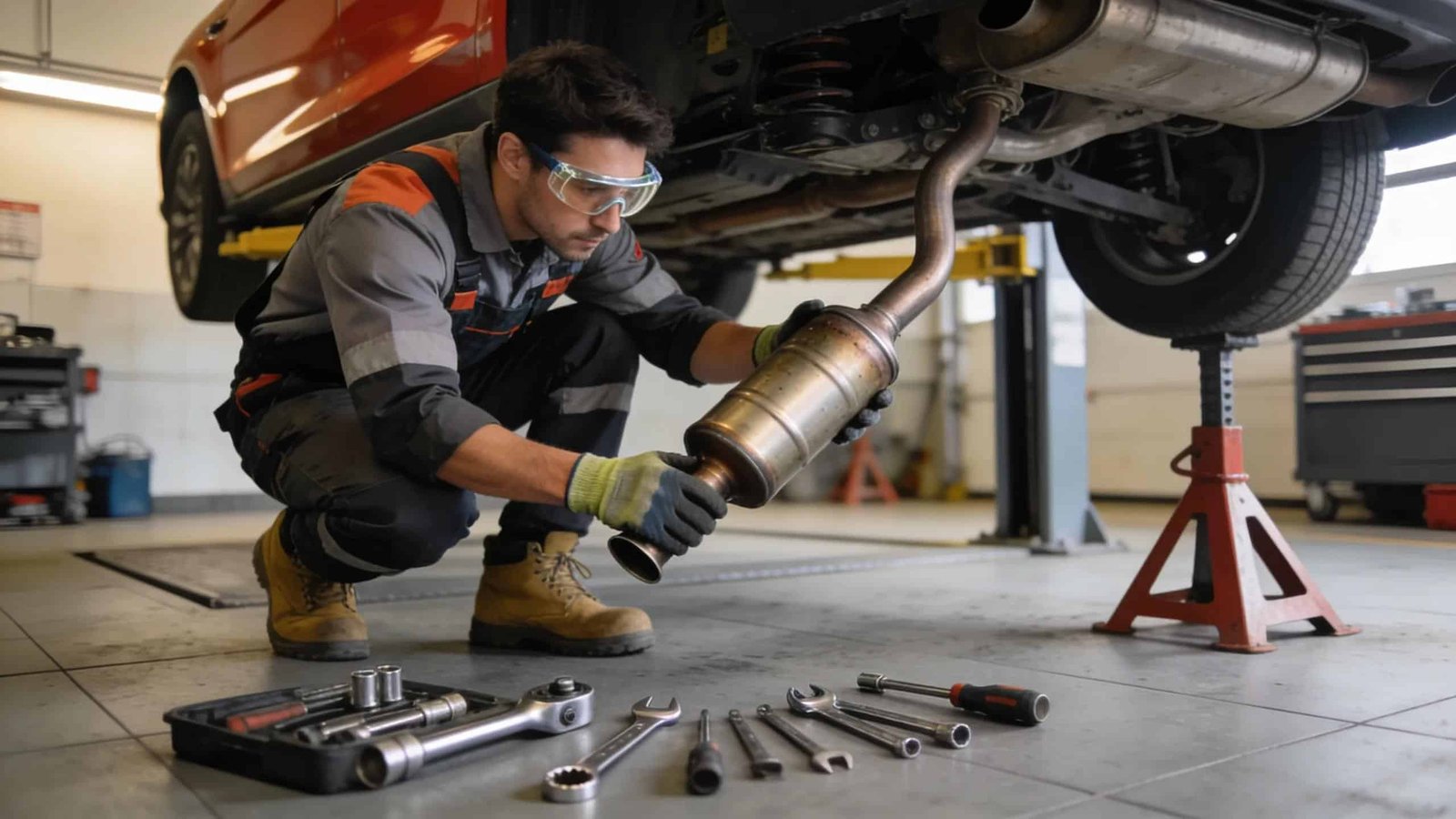 Automotive technician inspecting catalytic converter replacement under vehicle in Bridgeport Ohio
