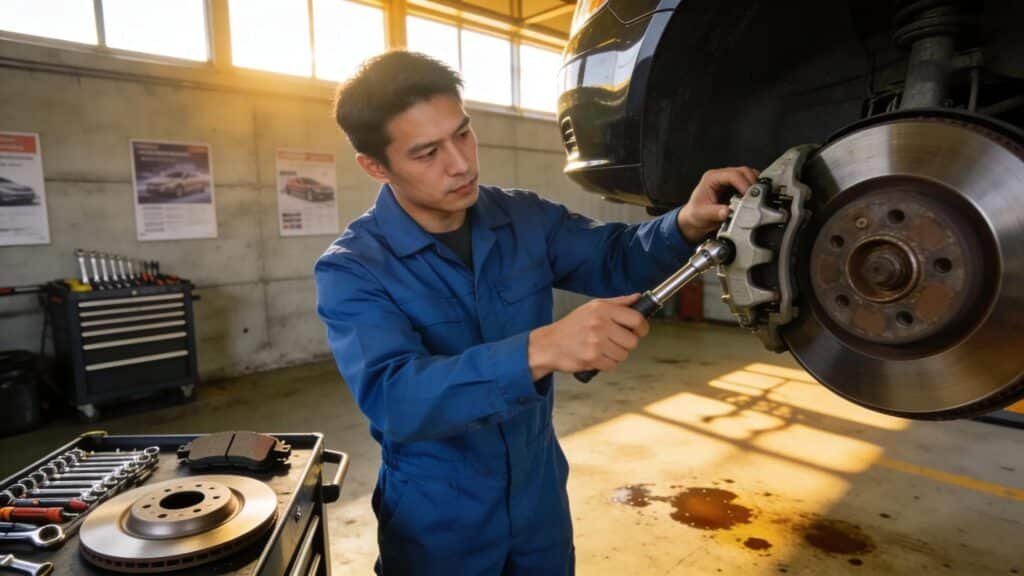 Route 40 Auto technician repairing car brakes and brake rotors in Bridgeport, OH.