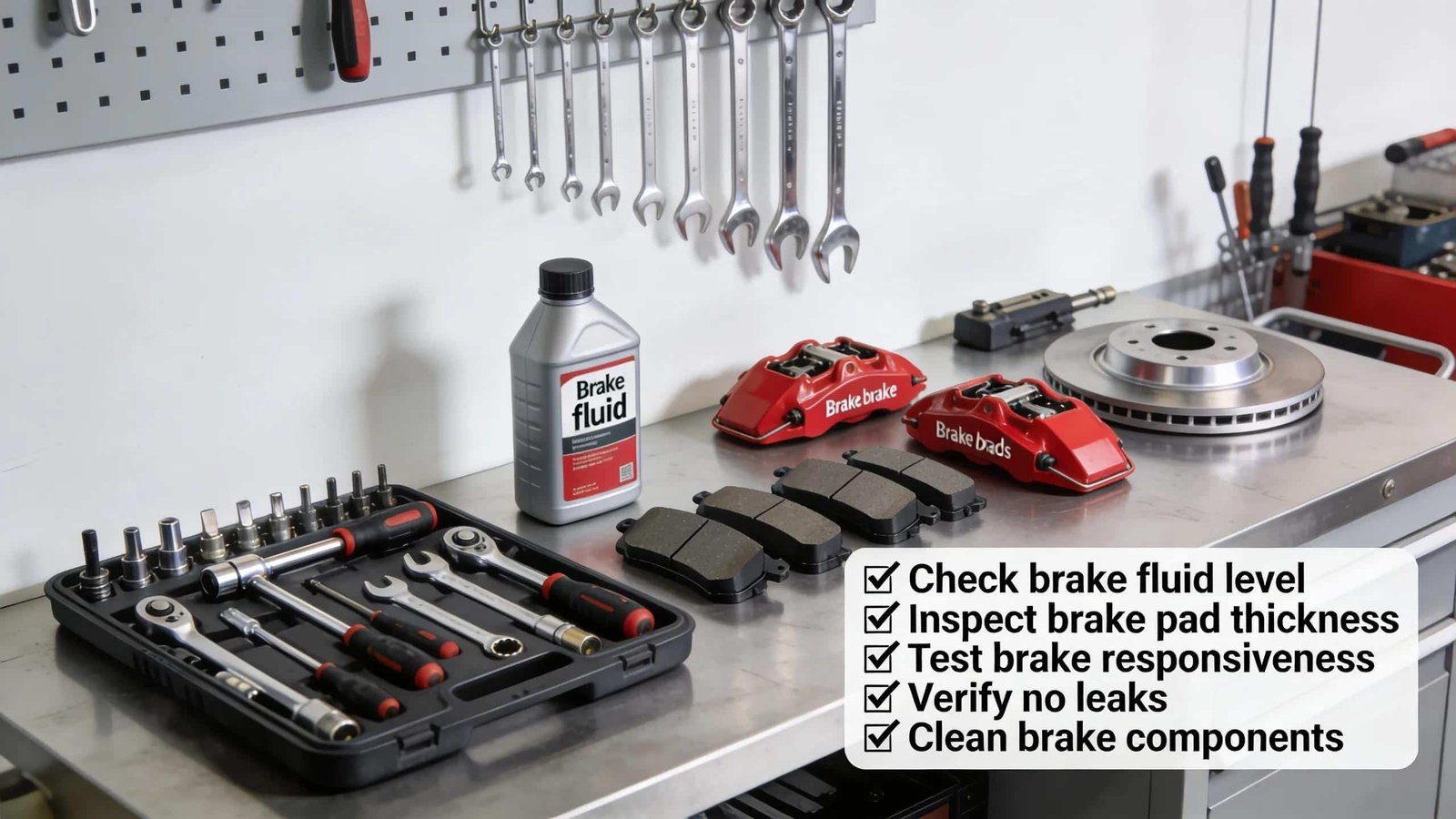Brake pads, rotors, and tools for brake service and inspection at Route 40 Auto.