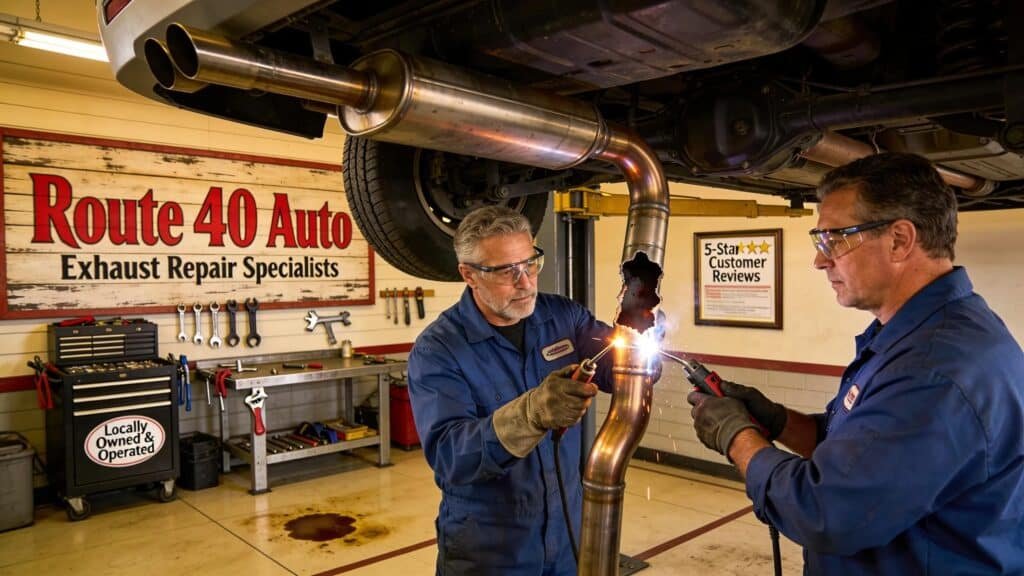 Route 40 Auto exhaust repair specialists working on vehicle exhaust system.