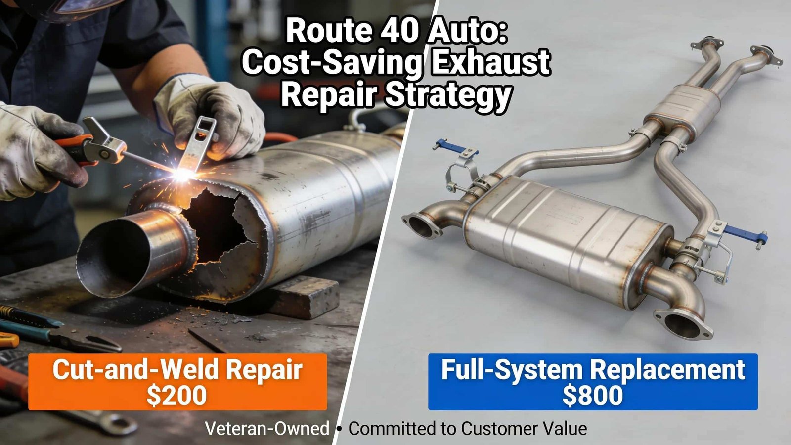 Route 40 Auto exhaust repair: cut-and-weld repair, full system replacement, cost-saving strategy.