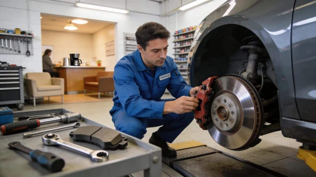 Route 40 Auto mechanic inspecting brake components and performing brake repair in Bridgeport, OH.