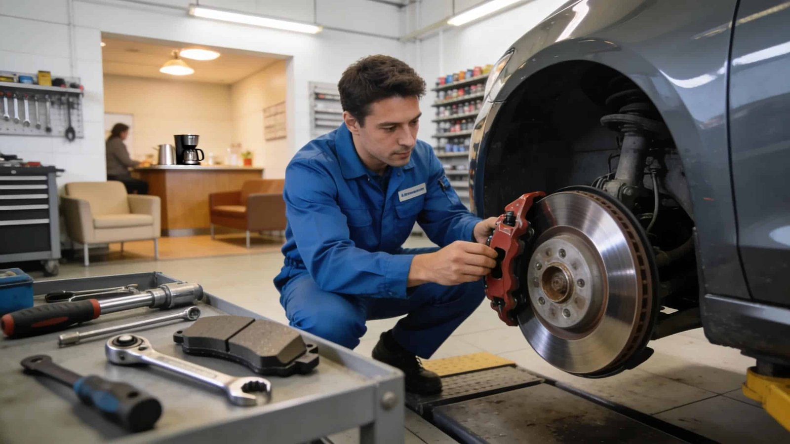 Route 40 Auto mechanic inspecting brake caliper and rotor during squealing repair in Bridgeport, OH & Wheeling, WV