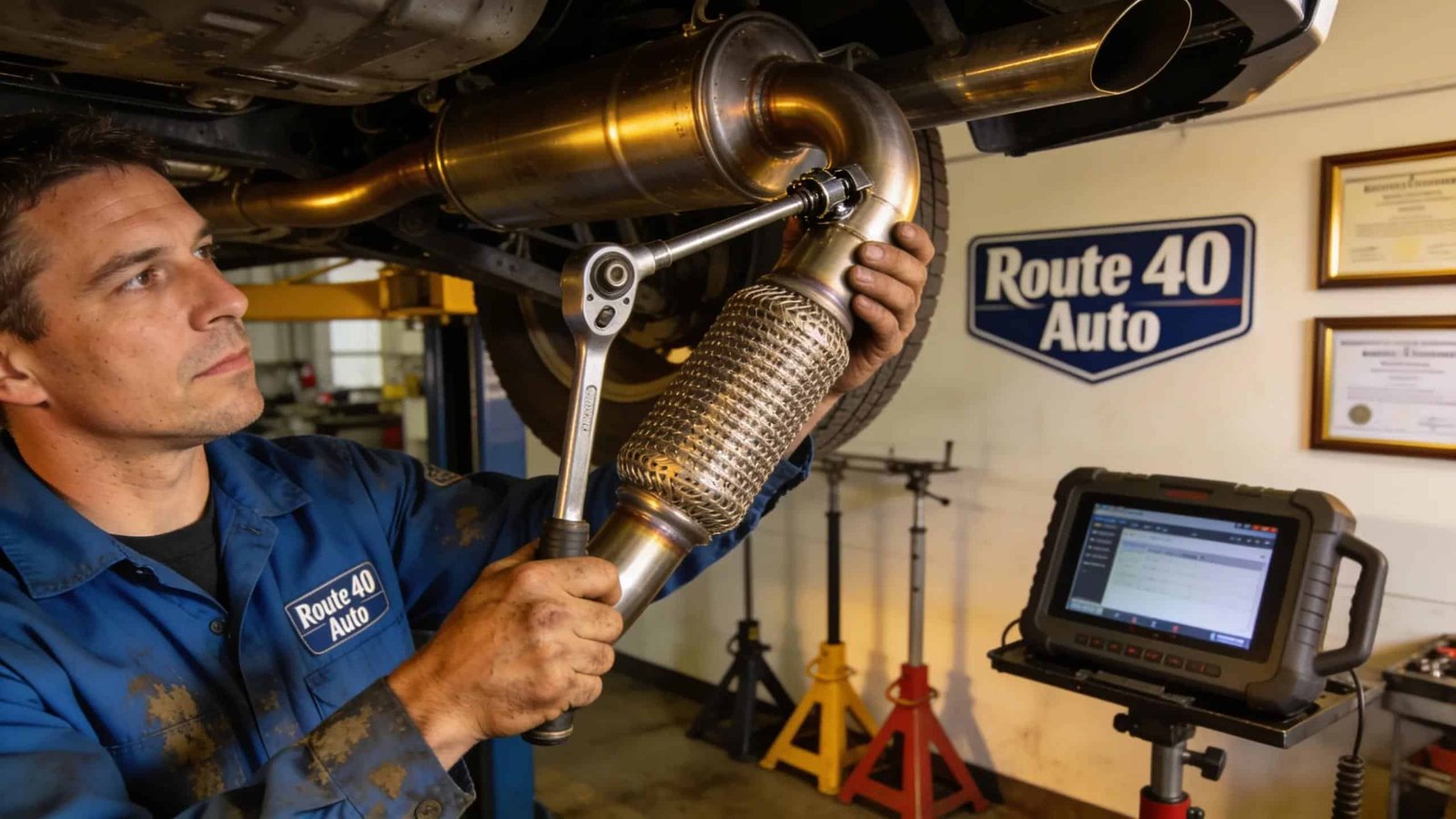 Route 40 Auto technician repairing exhaust system with wrench and diagnostic tool.