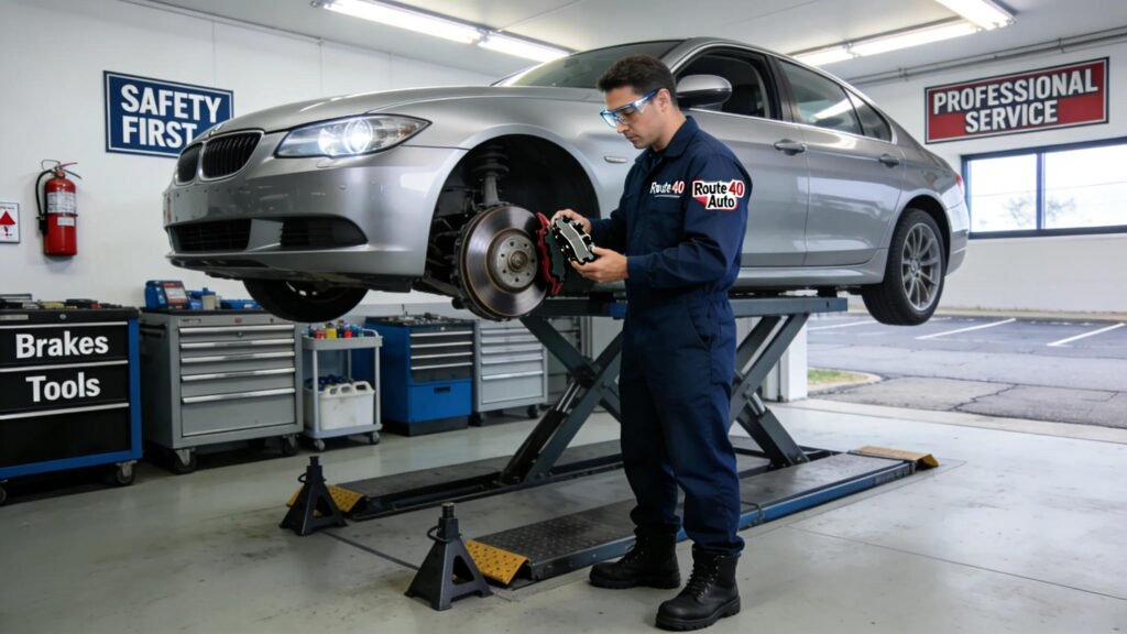 Route 40 Auto technician inspecting brake components on a vehicle lift.